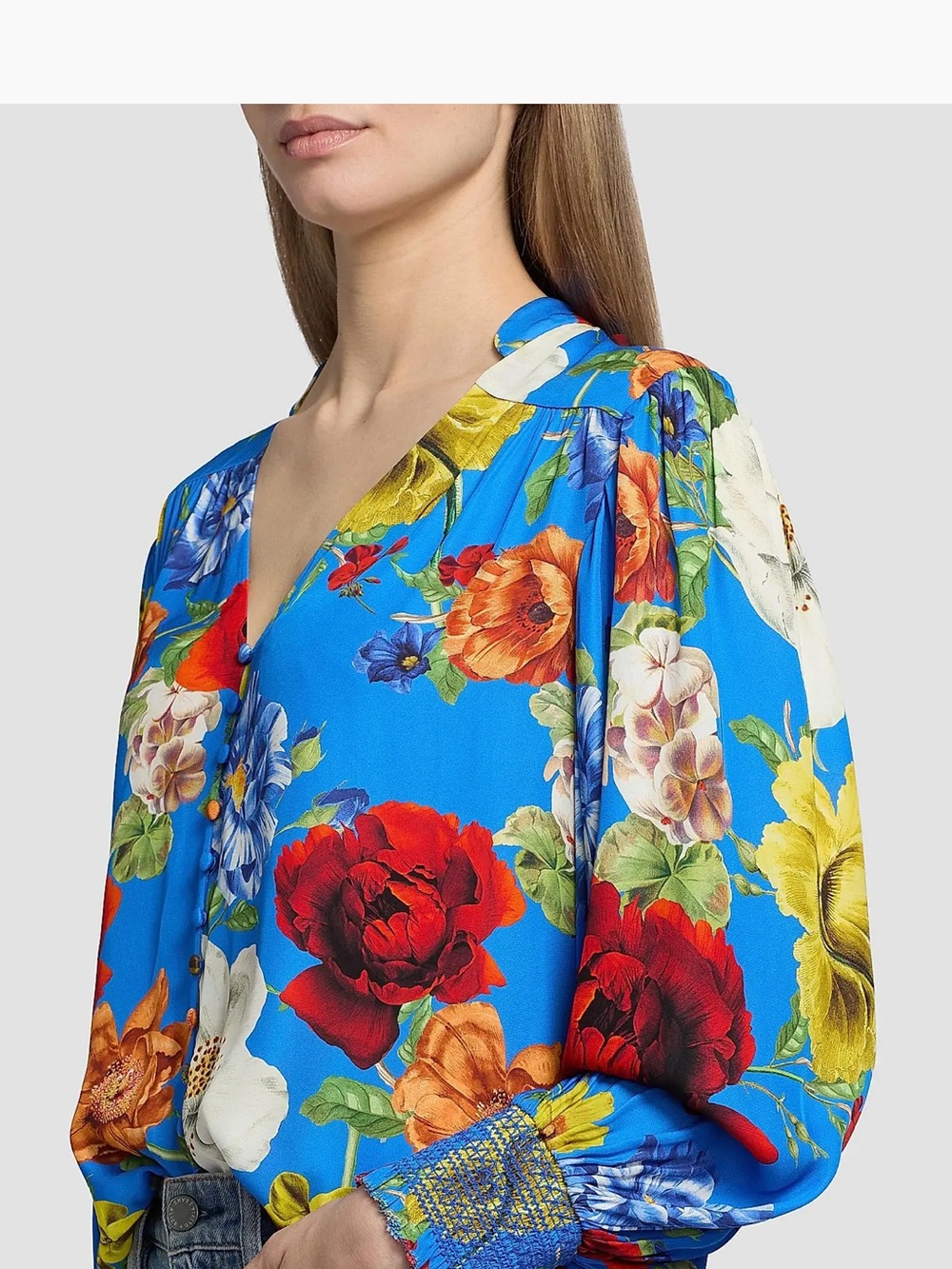 Alice + Olivia Bright Blue Floral V-Neck Button Blouse - Picture 4 of 11